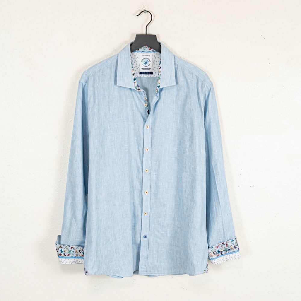 A Fish Named Fred Cotton Linen Button up Shirt blue striped sz XL